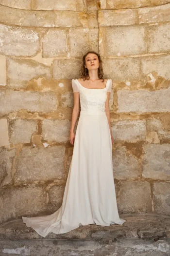 Robe de mariée vintage chic romantique dentelle guipure crepe Alesandra Paris robe Emma